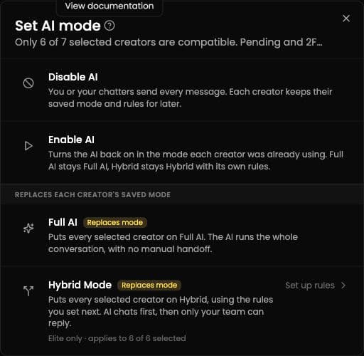 Set AI mode dialog showing Disable AI, Enable AI, Full AI, and Hybrid Mode for selected creators; displayed counts are examples.