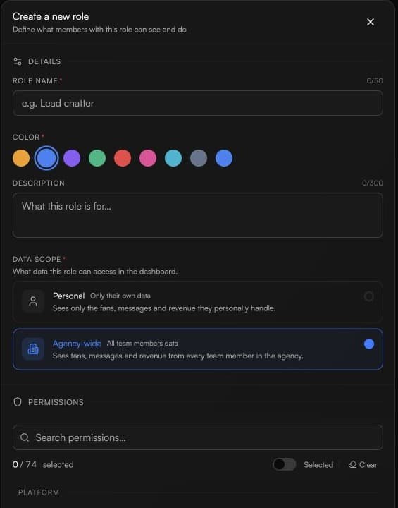 Create a new role panel with role details, Personal and Agency-wide data scope options, and permission controls.