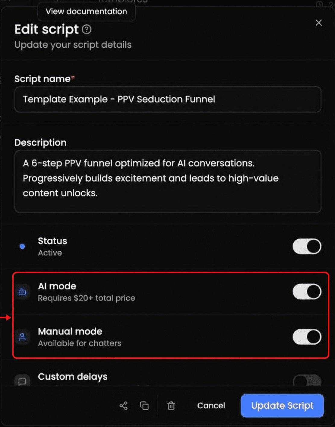 Edit script dialog with AI mode and Manual mode highlighted by a red box and arrow