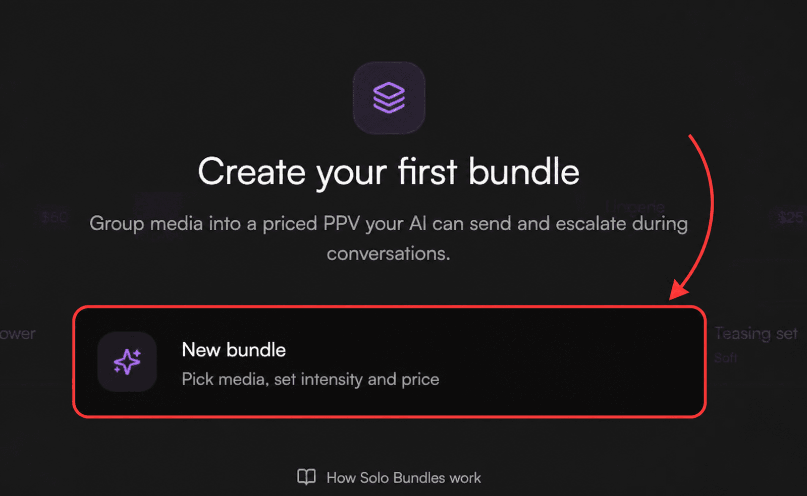 Solo Bundles empty state with the New bundle action outlined in red and pointed to by a red arrow