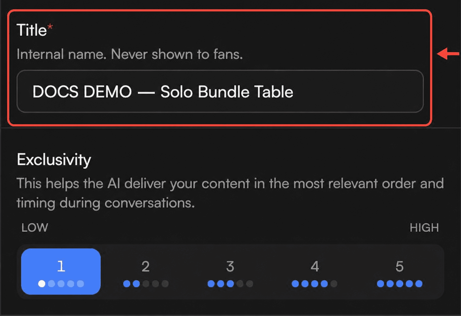 Solo Bundle settings with the Title section outlined in red and pointed to by a red arrow