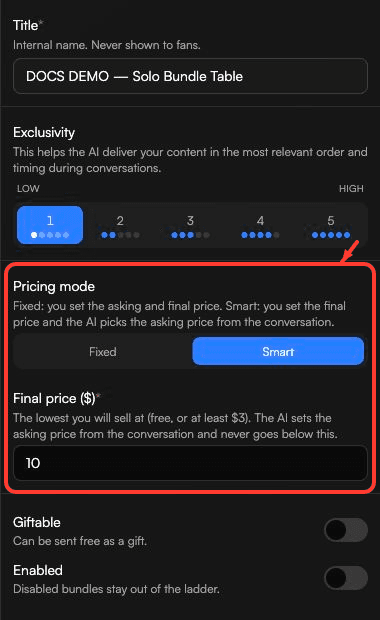 Solo Bundle pricing mode and Final price controls highlighted by a red box and arrow.