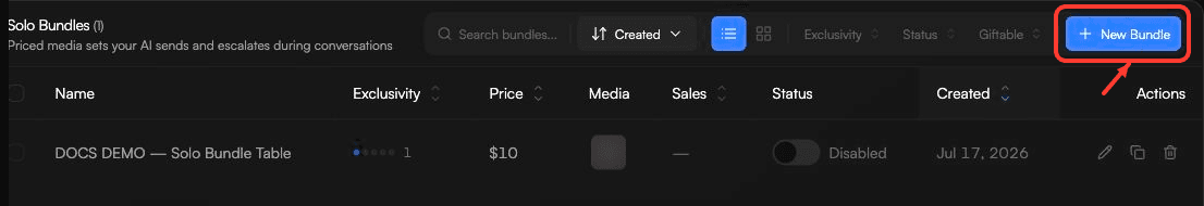 Solo Bundles table with the New Bundle action highlighted by a red box and arrow.