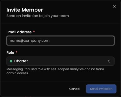 Invite Member dialog with an empty email field, role selector, and disabled Send invitation button.