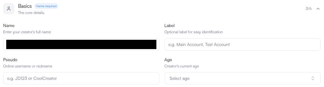 Creator Info Basics section, showing Name as required and Age as optional. The creator name is hidden for privacy.