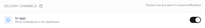 Delivery channels in Notifications > Personal, showing the In-app switch enabled.