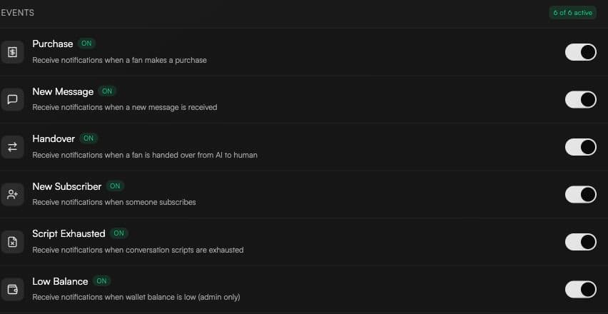 Personal notification event controls for purchases, new messages, handovers, subscribers, exhausted scripts, and low balance.
