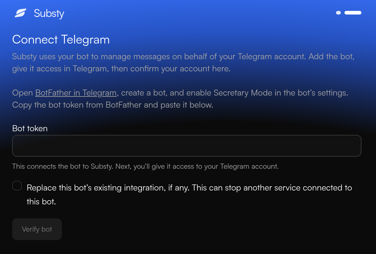 Substys Connect-Telegram-Seite mit leerem Bot-token-Feld — englische Oberfläche
